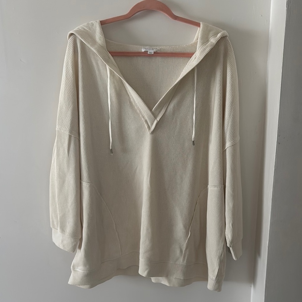 NWOT Altar’d State Oversized Ivory Waffle Knit V-Neck Pullover Hoodie size Large